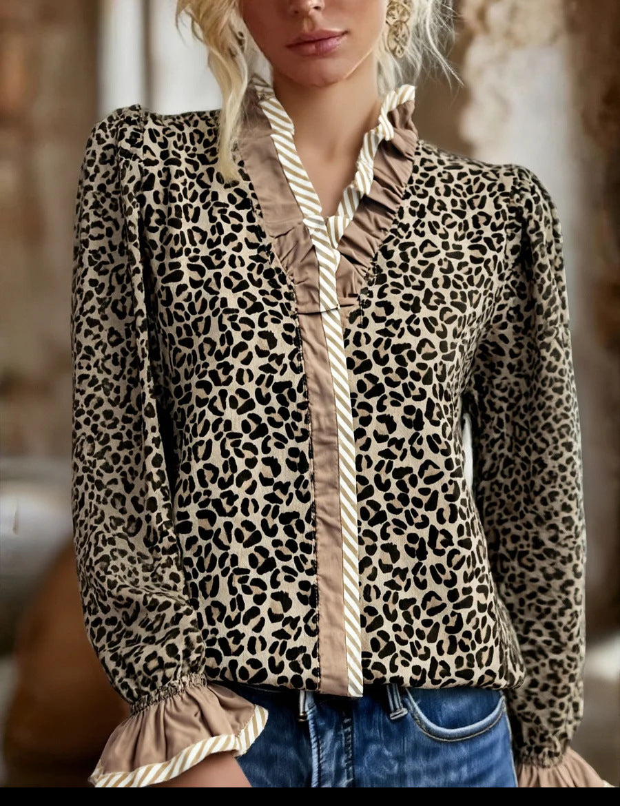 Digital-print Leopard-pattern Lace Long-sleeve Womens Versatile Top