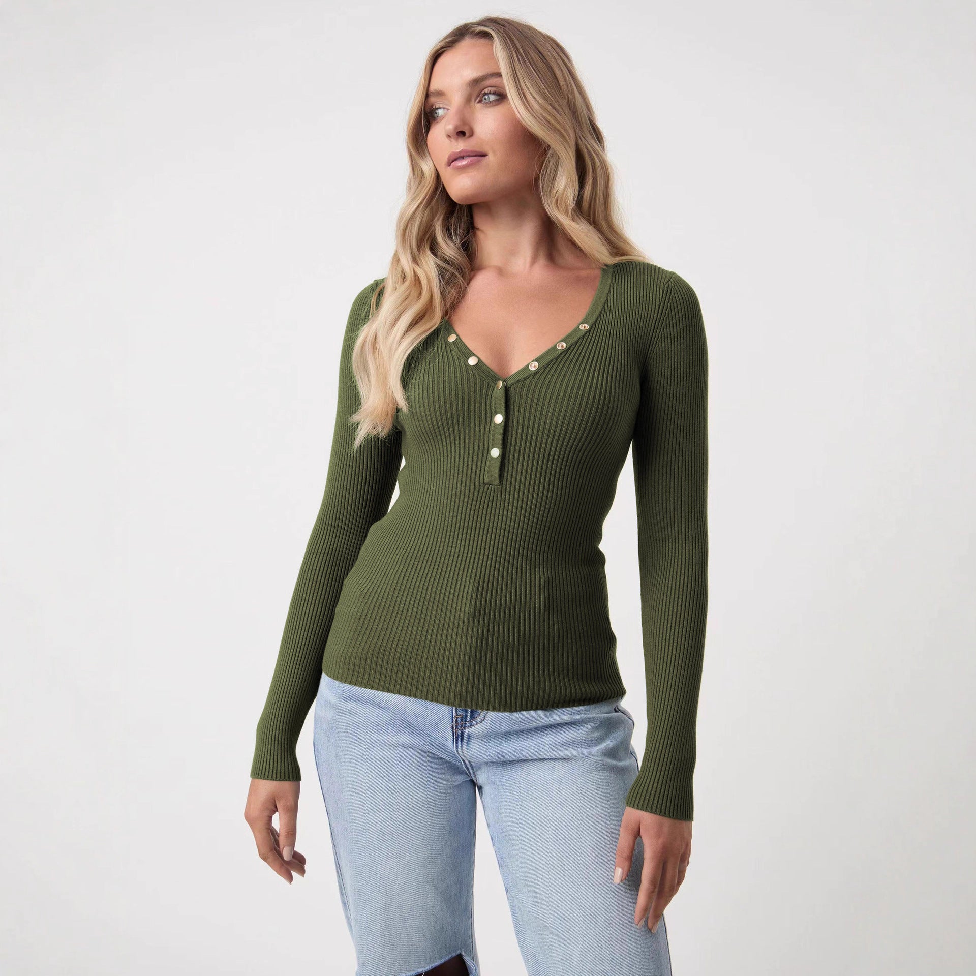 High-end Textured V-neck Buttoned Slim-fit Figure-flattering Long-sleeve T-shirt