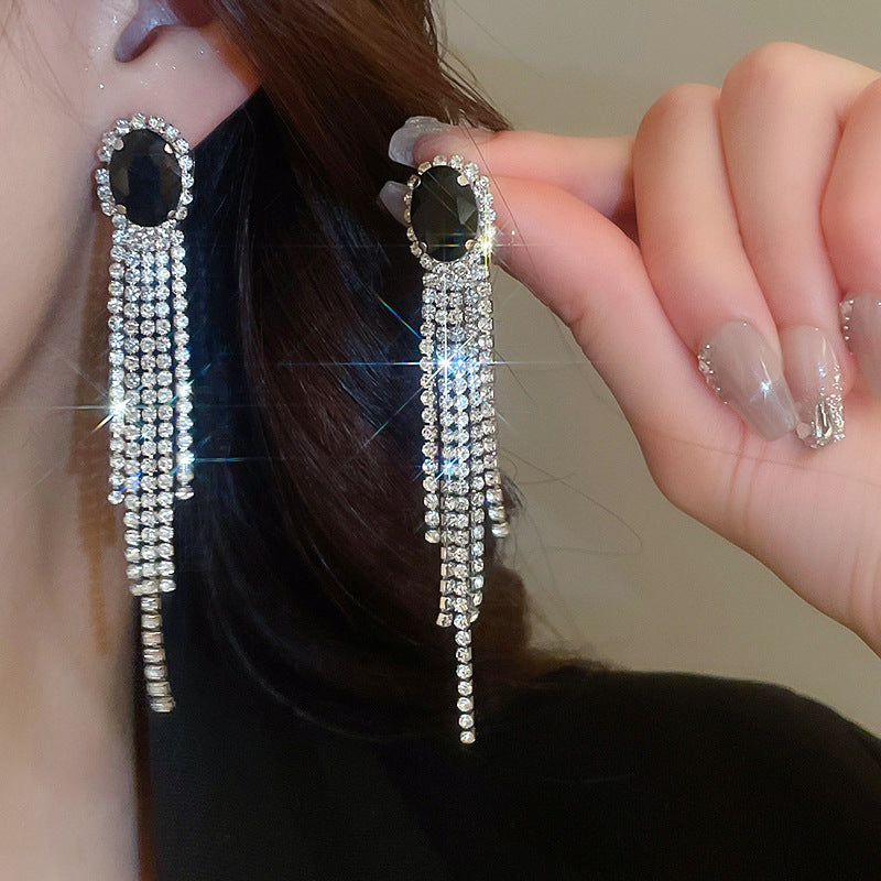 Silver Needle Black Rhimestone Flower Geometric Tassel Stud Earrings