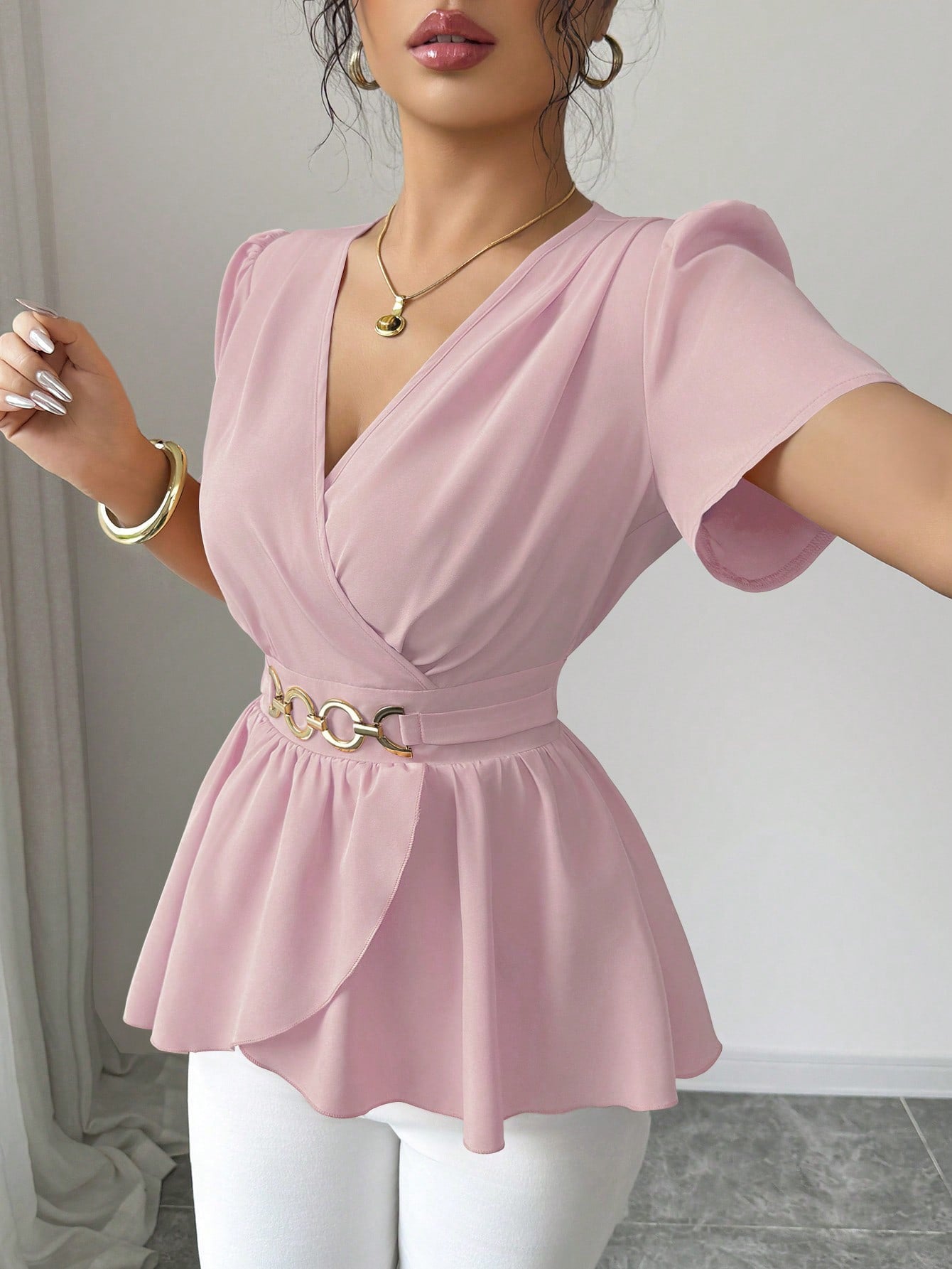 Slim-fit Solid-color Short-sleeve Womens Midriff-baring Top