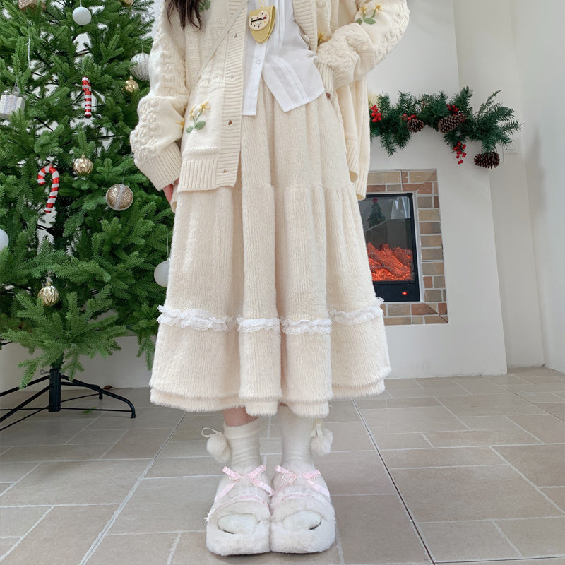 Plush Big Swing Mid-length High Waist Elastic Skirt