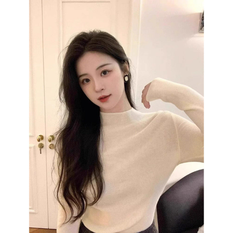 White Stand Collar Half Turtleneck Long-sleeve Knitted Undershirt