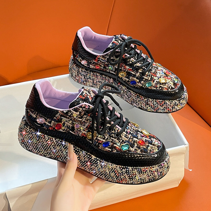Women's Fashion Platform Loafers, Colorful Tweed Slip-on Shoes With Gemstones, Casual And Comfortable Flat Shoes