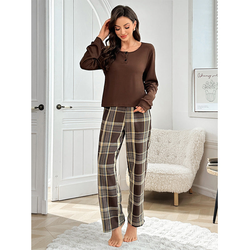Plaid Pants Thread Top Button Pullover Set
