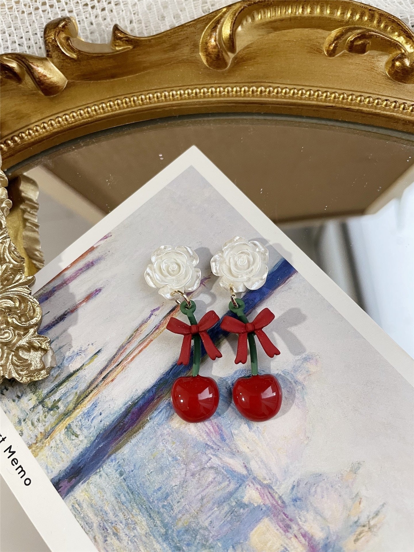 Sweet And Cute Cherry Earrings Pearlescent Rose