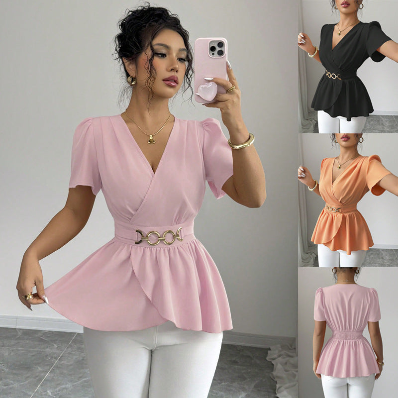 Slim-fit Solid-color Short-sleeve Womens Midriff-baring Top