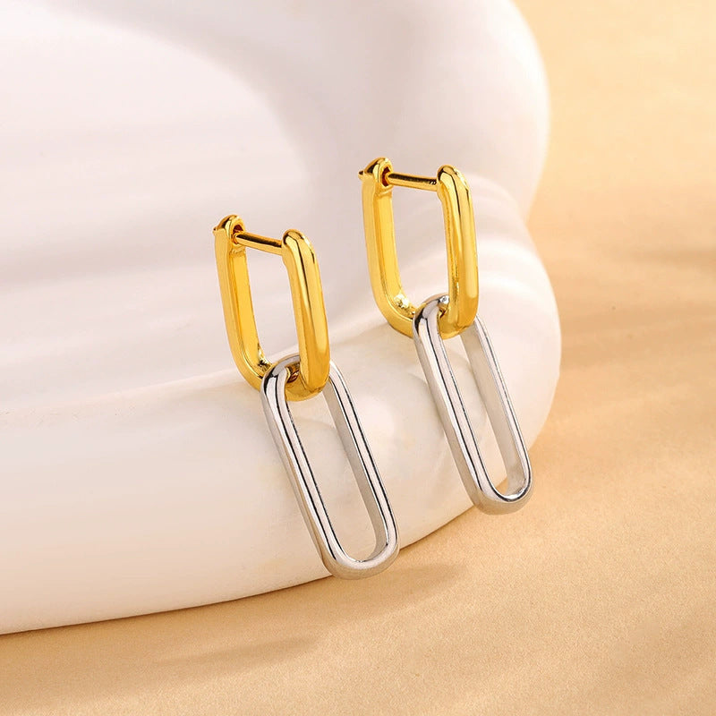 Elegant Design 14K Gold Two-tone Geometric U-shaped Earrings