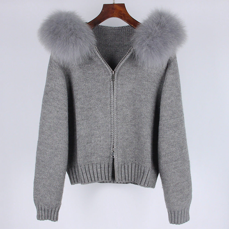 Spring Coat Women's Zipper Real Fox Fur Collar Hooded