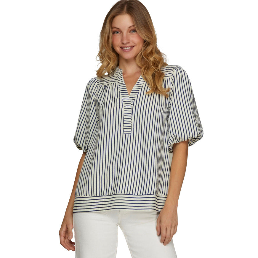 V-neck Panelled Striped Top With Puff Sleeves