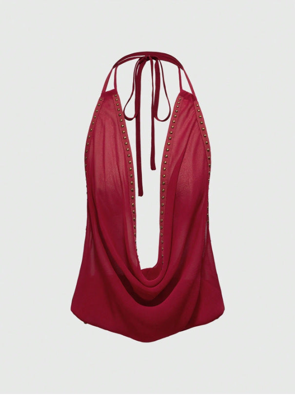 Solid-color Top With Studs Sexy Womens Clothing