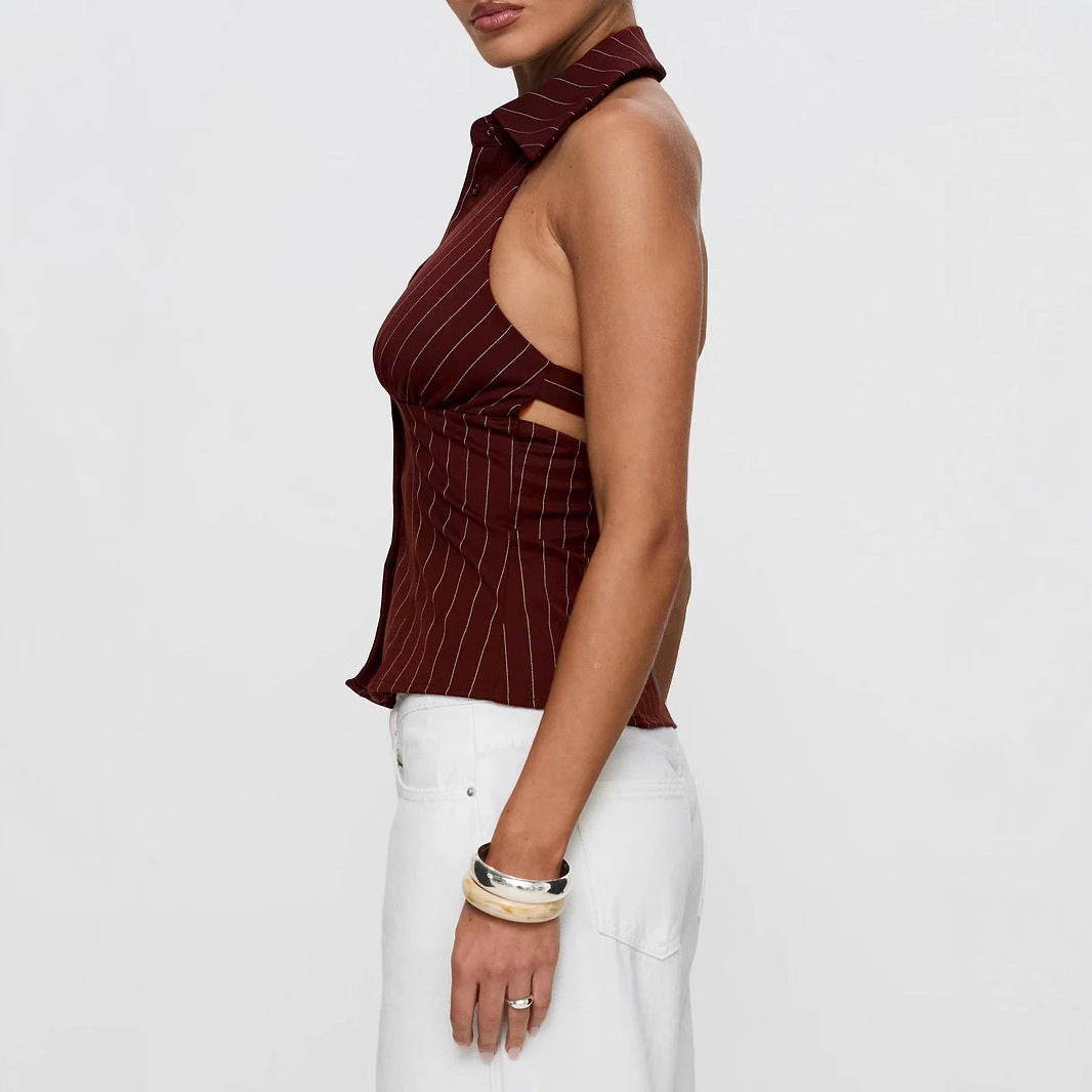 Striped Slim-fit Sleeveless Shirt With Distressed Details