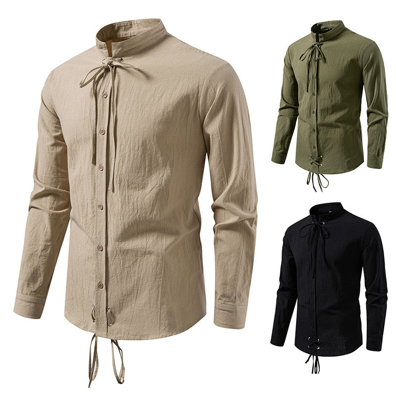 Pirate Drawstring Men's Cotton And Linen Long Sleeve European Size Shirt