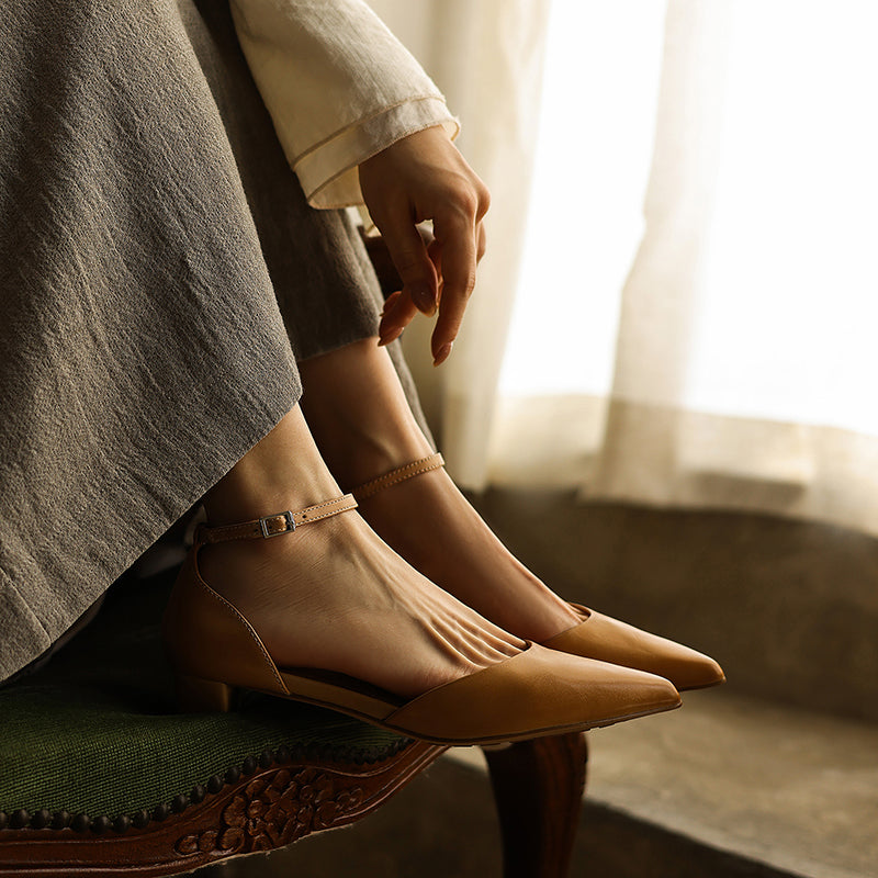 Women's Handmade Washed Leather Ankle Strap Pumps, Genuine Full-Grain Leather Pointed Toe Low Block Heel Sandals