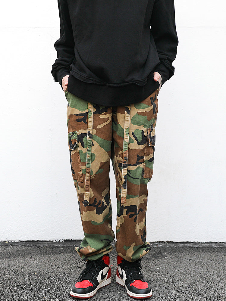 Camouflage Floating Rope Belt Straight Loose Trousers