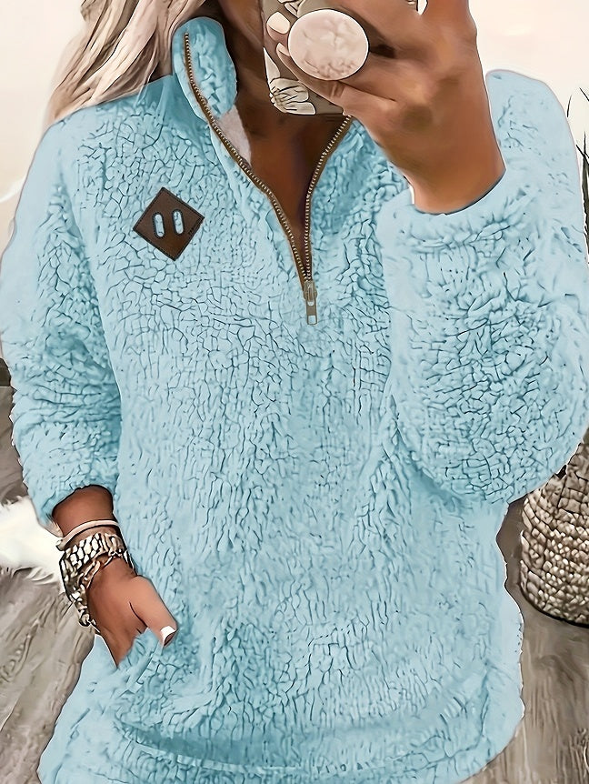 Solid Color Plush Half Zipper Pocket Pullover Sweater Top Women
