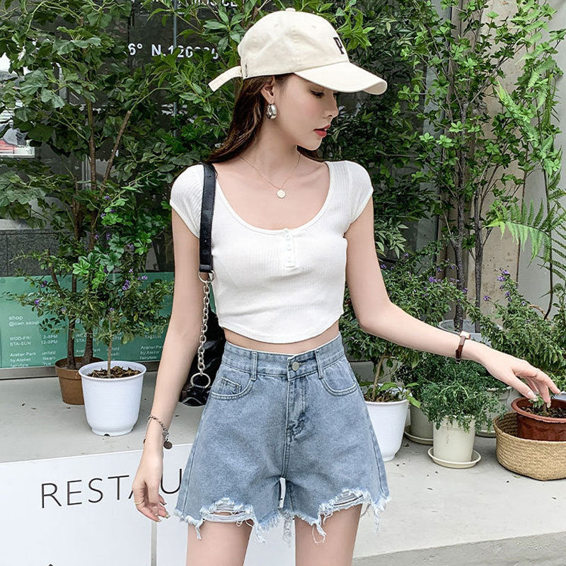 Influencer-style A-line Ripped Raw-edge Wide-leg Hot Pants