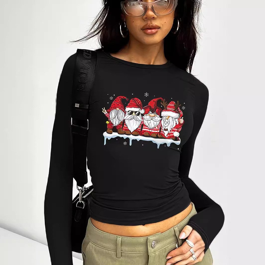 Round Neck Long Sleeve Loose Print T-shirt