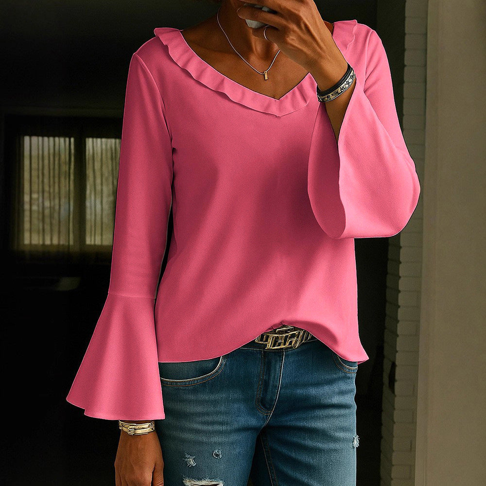 Casual Loose-fitting V-neck Long Sleeves T-shirt