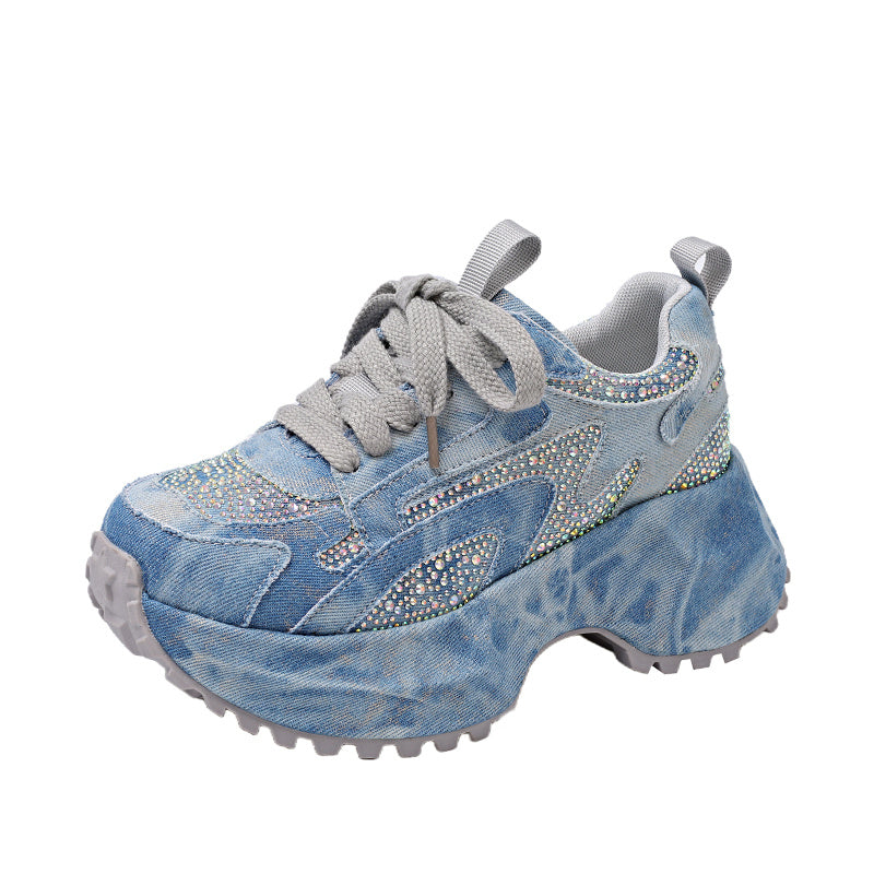Sparkling Denim Sneakers For Women, Blue White Gradient High Top Platform Shoes With Rhinestones, Unique Fashion Thick Sole Design For Comfort