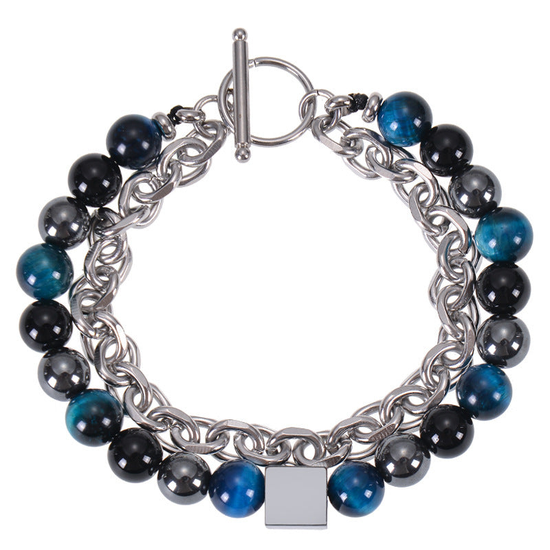 Stainless Steel Double Layer 8mm Tiger-Eye Bracelet Men
