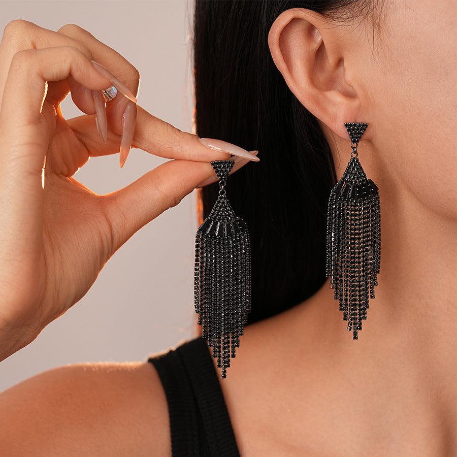Silver Needle Black Rhimestone Flower Geometric Tassel Stud Earrings