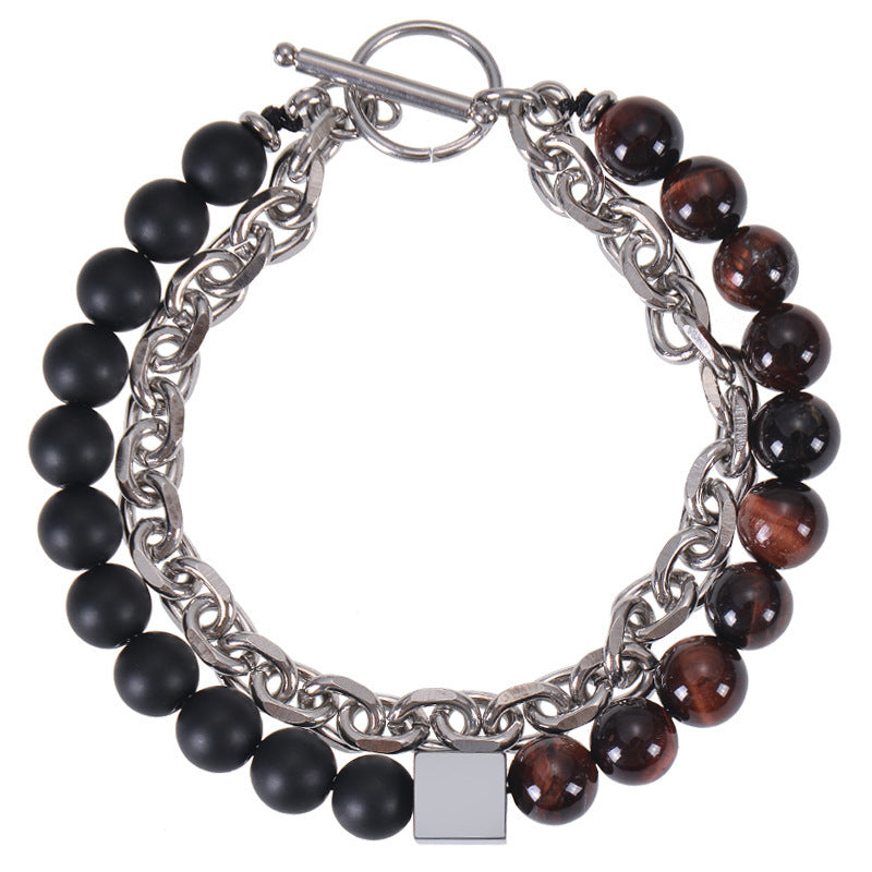 Stainless Steel Double Layer 8mm Tiger-Eye Bracelet Men
