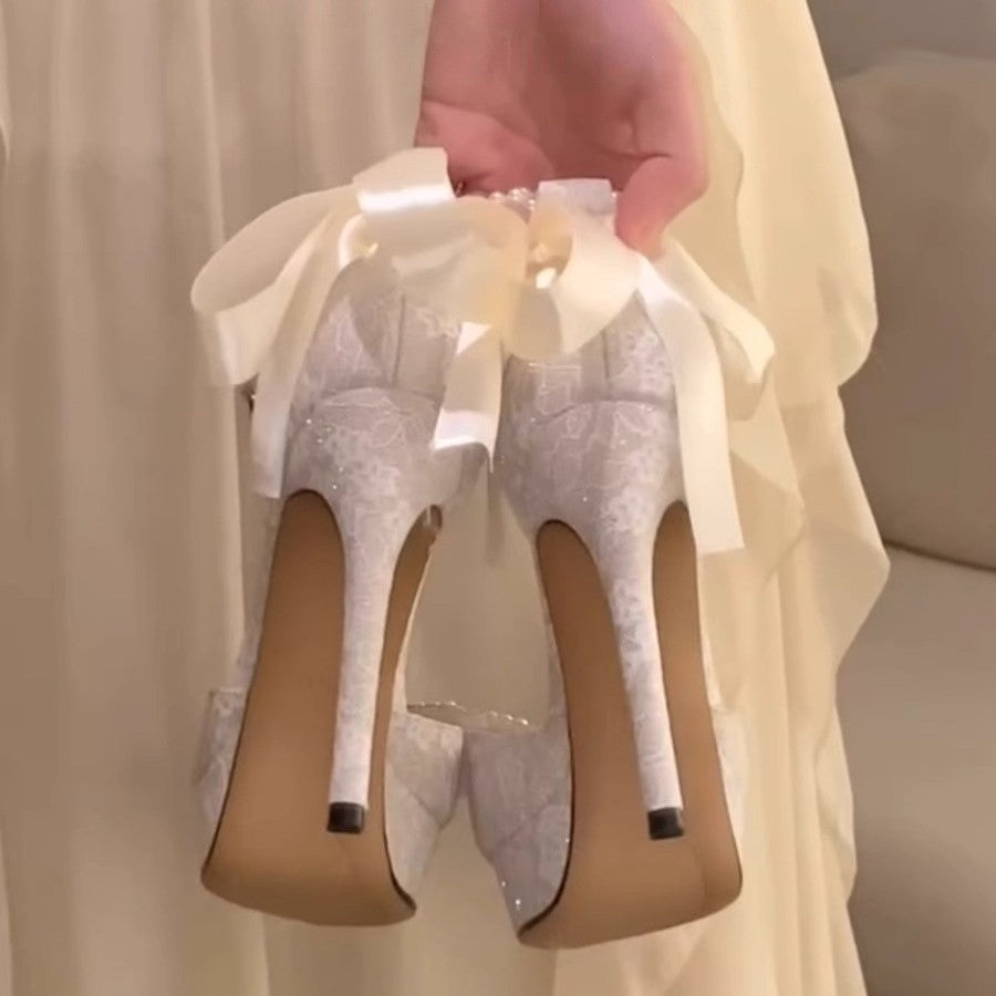 High Heels Pearl Bow Silver Hollowed Sandals