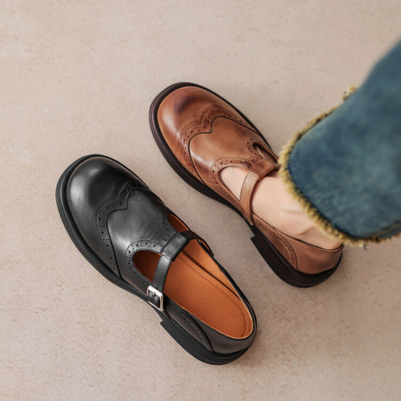 Women's Carved Chunky Heel Platform Round Toe Leather Shoes