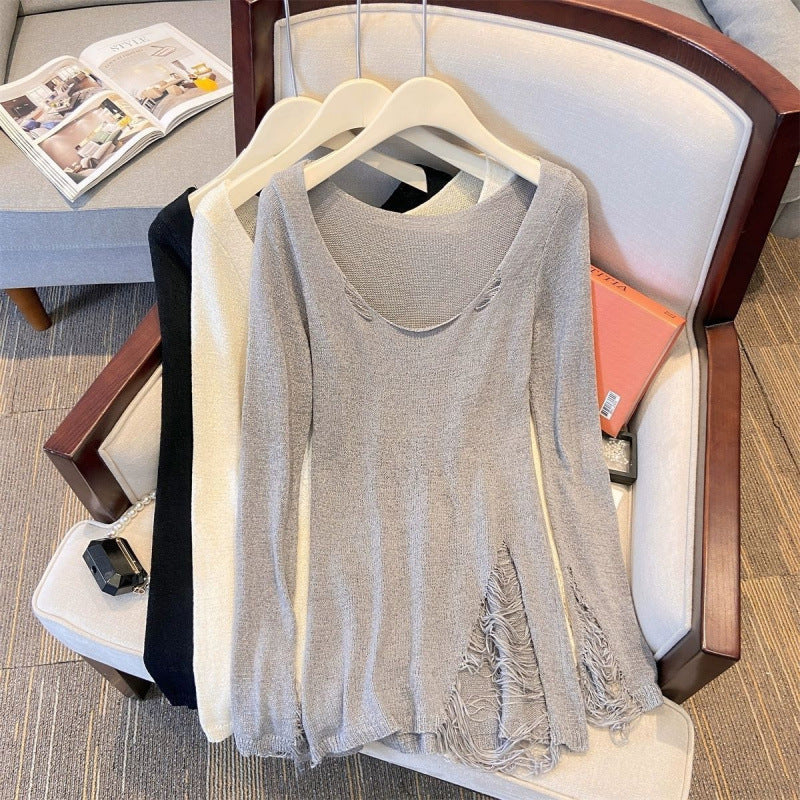 Loose, Casual-style Ripped And Cutout Long-sleeve Top