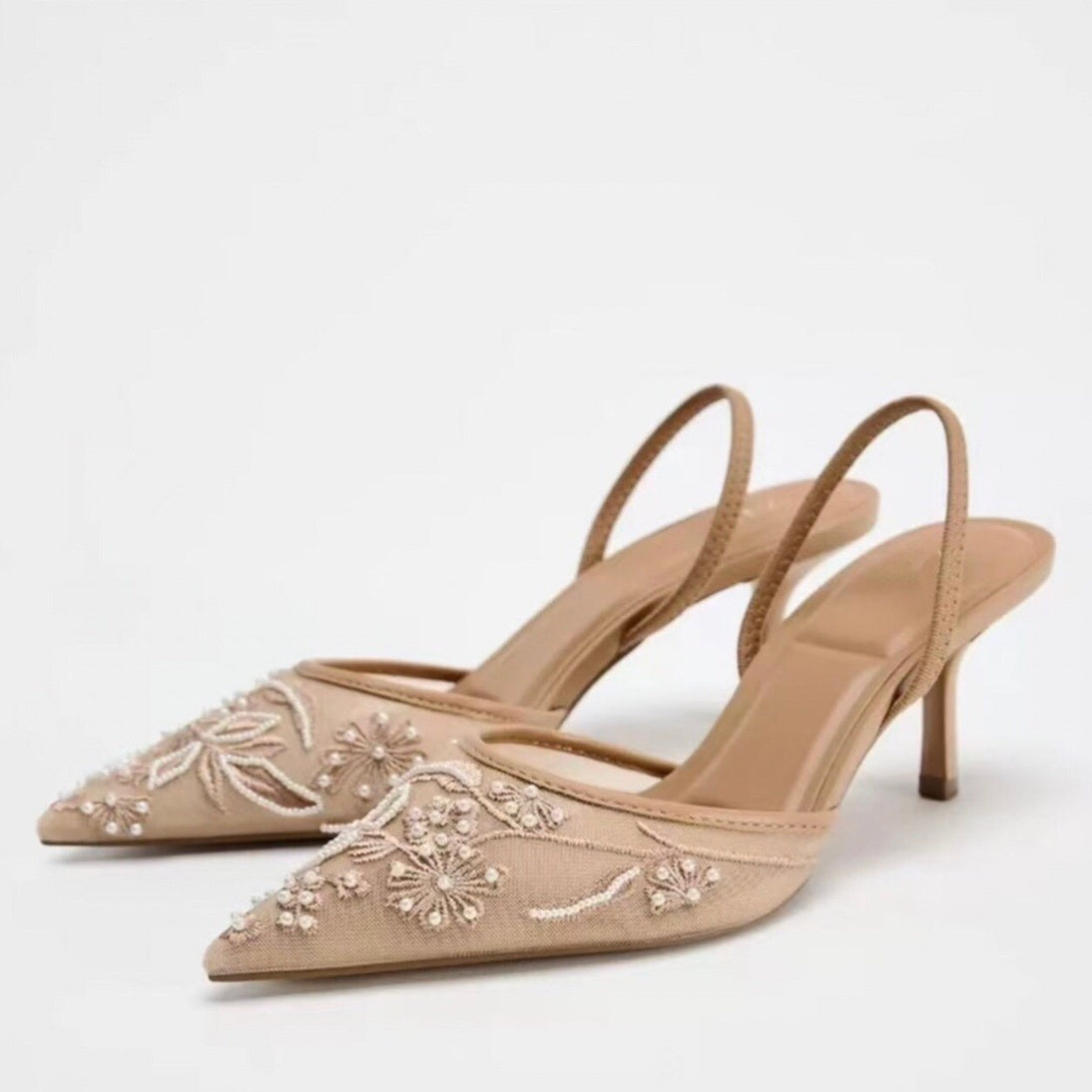 Spring New Product  Women's Rear Strap Embroidered Mesh High Heels