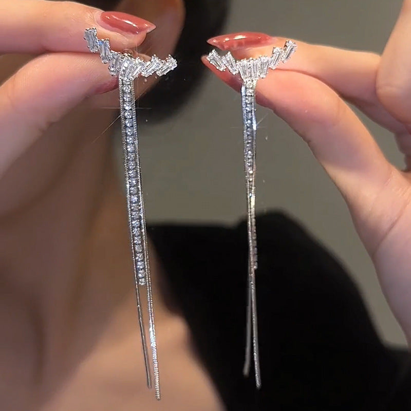 Sterling Silver Needle Light Luxury Tassel Earrings Banquet Style High-grade Long Earrings