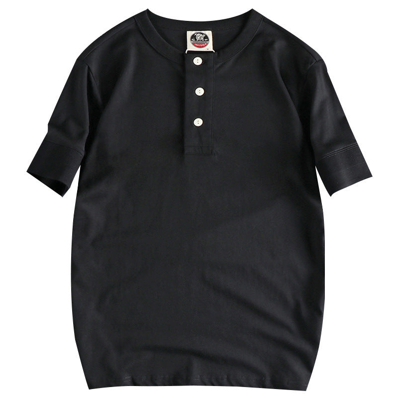 Cuff Wide-brimmed Thread Combed Cotton Washed American Retro Henry Collar Short Sleeve