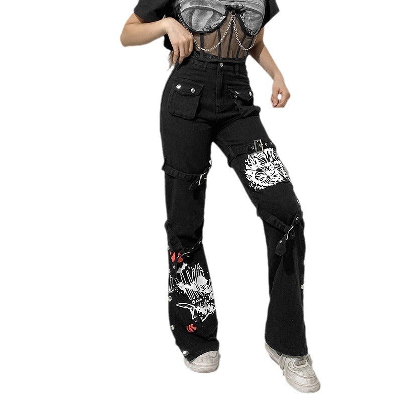 Street Cool Style Printed Metal Buckle Women's Denim Pants