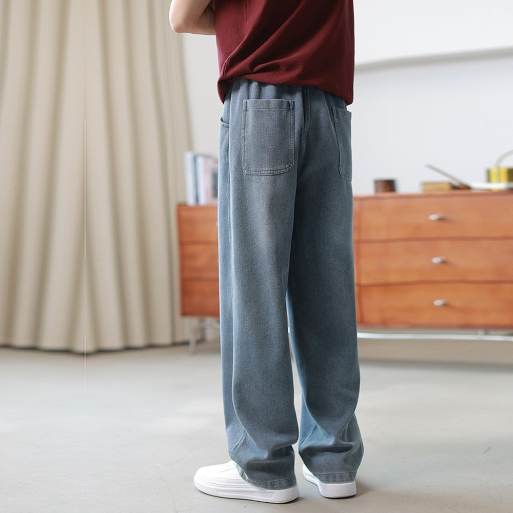 Mens Casual Loose-fit Draped Wide-leg Denim Jeans