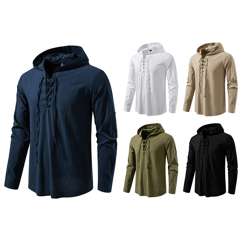 New Medieval Pirate Drawstring Men's Cotton Linen Long Sleeve