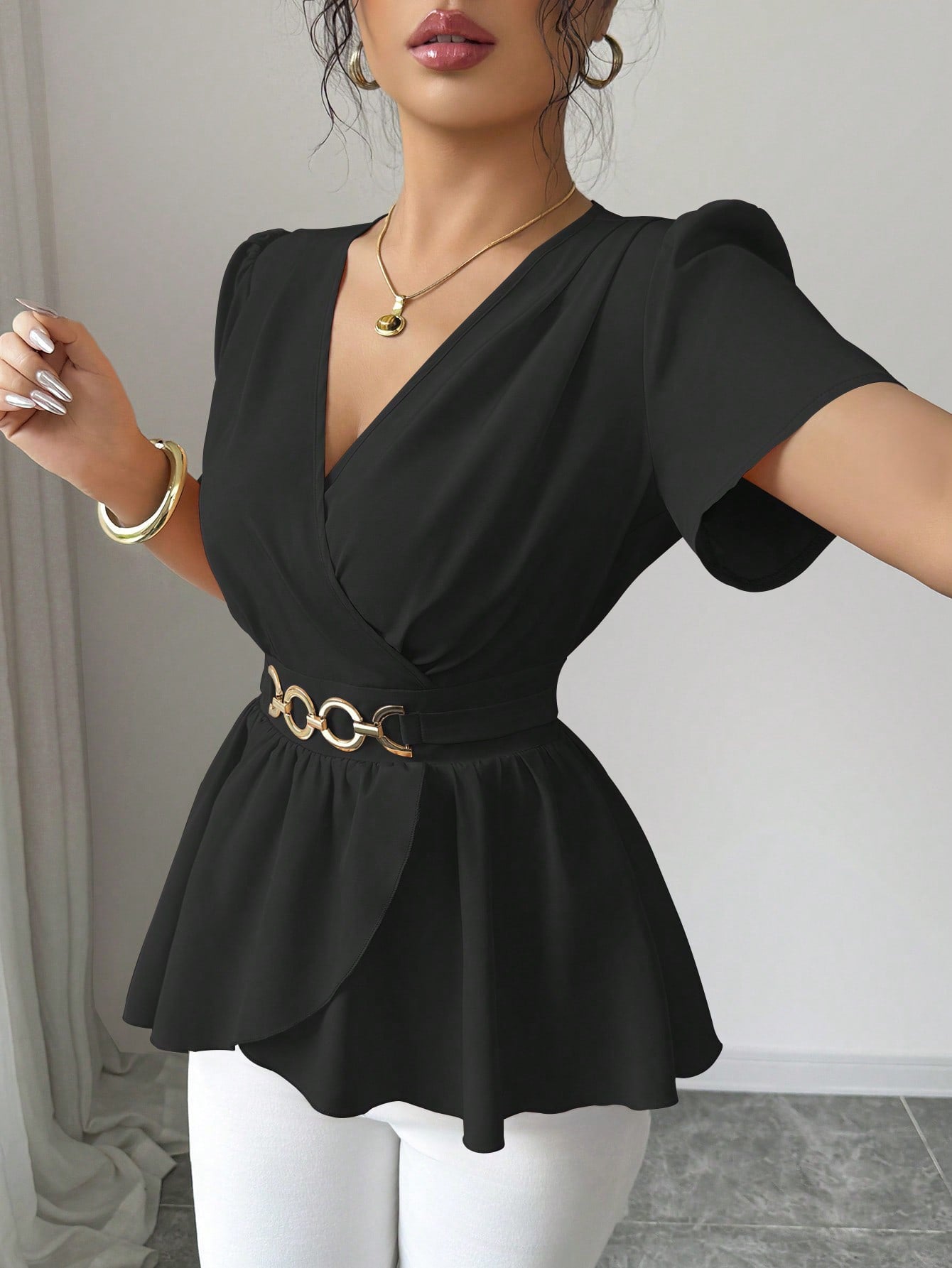 Slim-fit Solid-color Short-sleeve Womens Midriff-baring Top