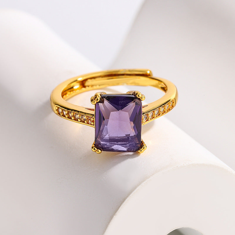 Fashion Japanese Style Simple Retro Electroplated 18K Square Zircon Ring