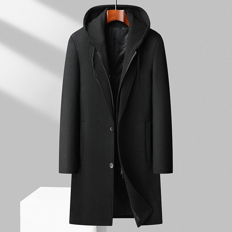 Men's Detachable Hooded Urban Mid-length Woolen Coat