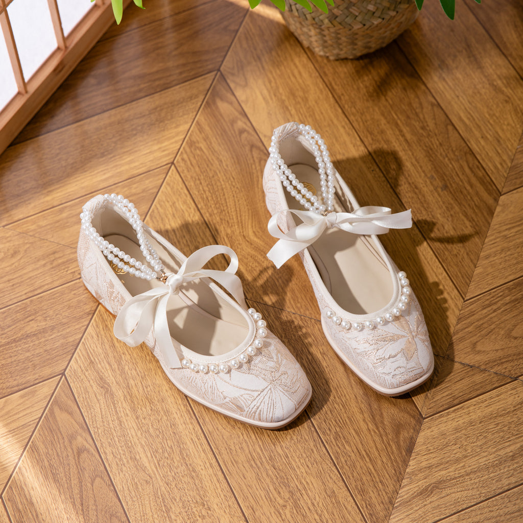 2026 New Jacquard Mary Jane Low Heel Women's Shoes - Pearl Ribbon Bow Square Toe Flared Single Shoes - Soft And Versatile Wedding Shoes