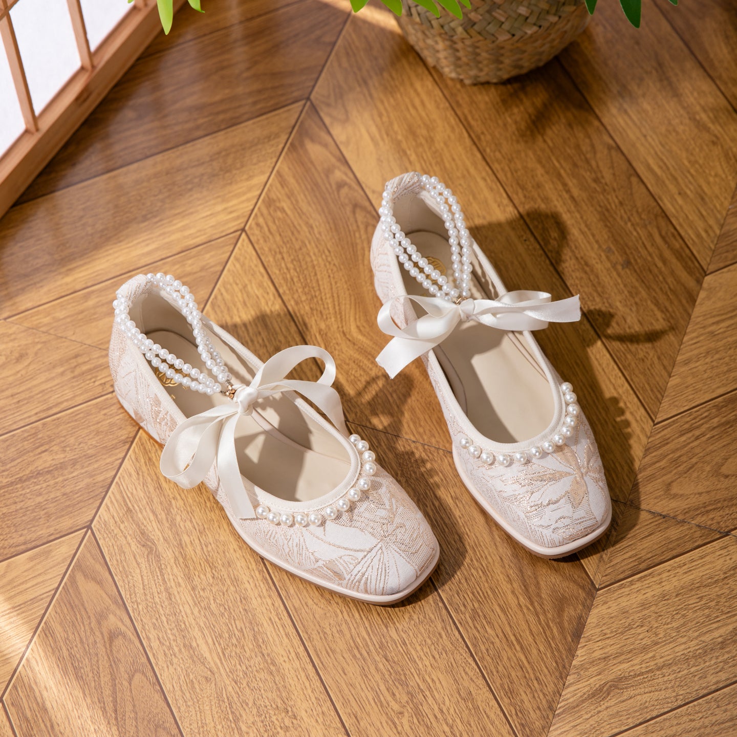 2026 New Jacquard Mary Jane Low Heel Women's Shoes - Pearl Ribbon Bow Square Toe Flared Single Shoes - Soft And Versatile Wedding Shoes