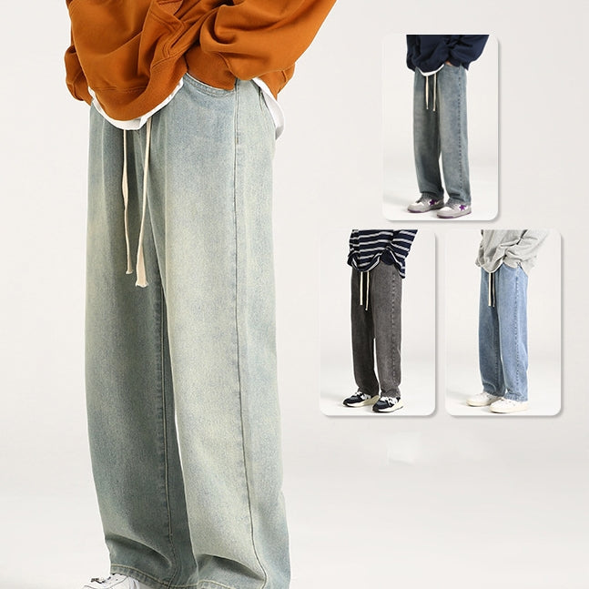 Yellow Mud Dyed Worn Looking Washed-out Retro Elastic Waist Jeans