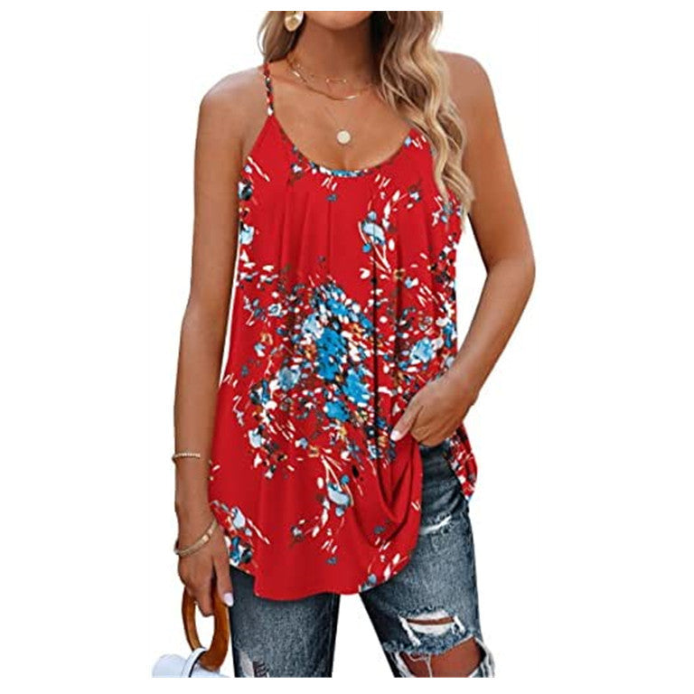 Women's Casual Summer Pleated Round Neck Keyhole Loose Top