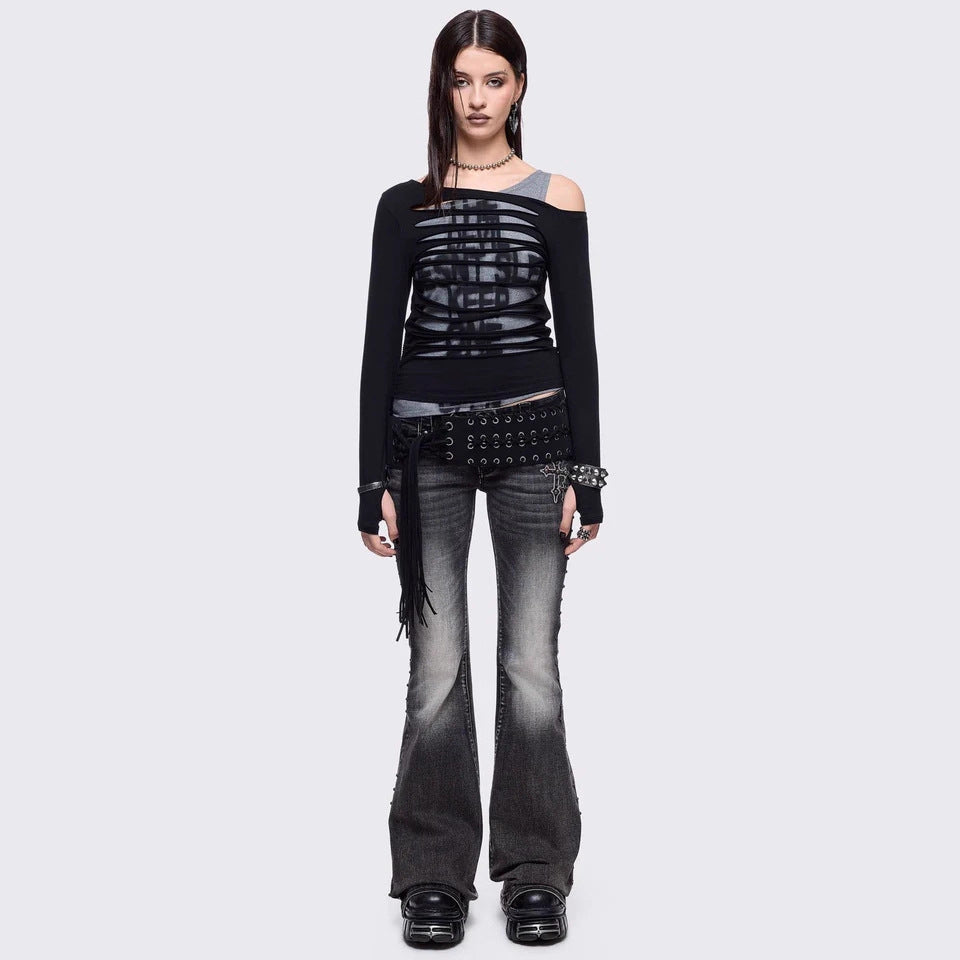 Womens Retro Wing-Pattern Slim-Fit Jeans