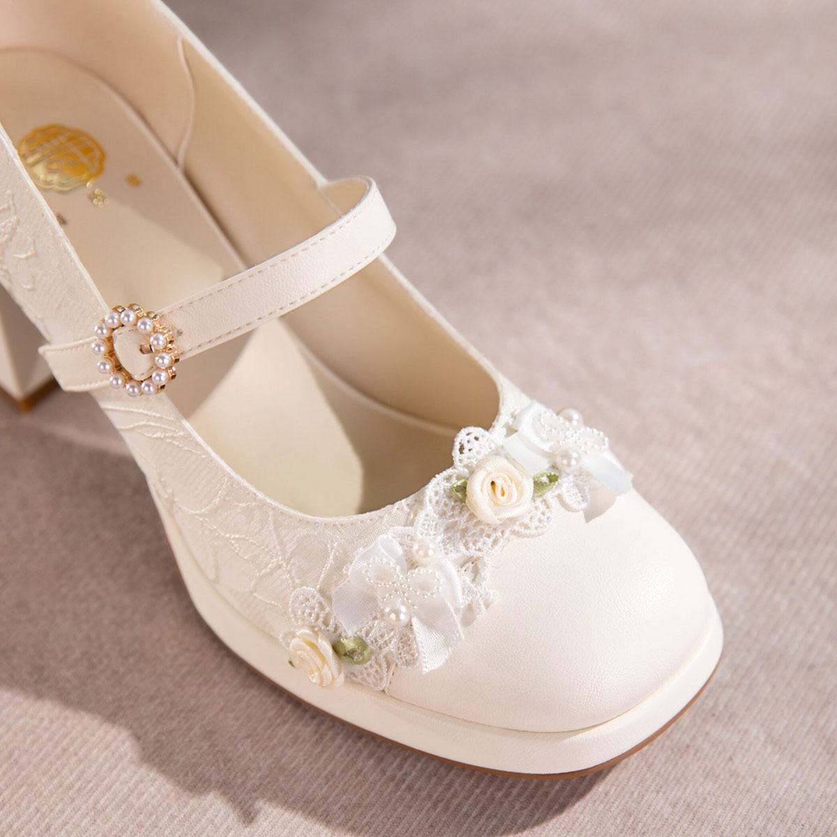 Mie Bai Lace Mary Jane Platform High Heels - Retro Soft Style Bridal Shoes - Versatile White High Heels