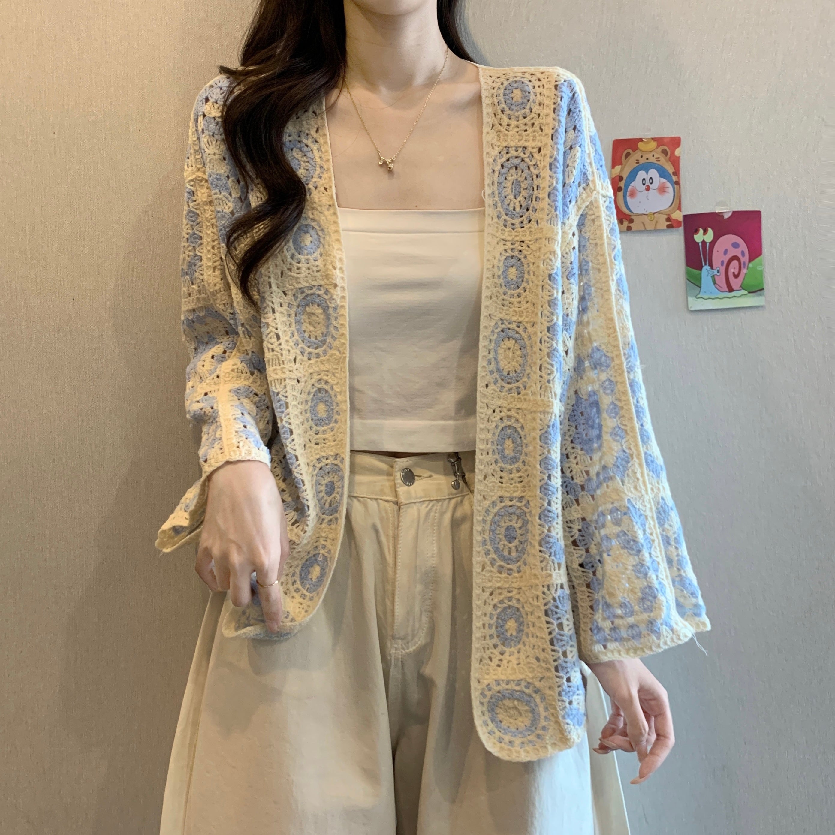 High-grade Crocheted Hollow-out Design Long-sleeved Knitted Cardigan
