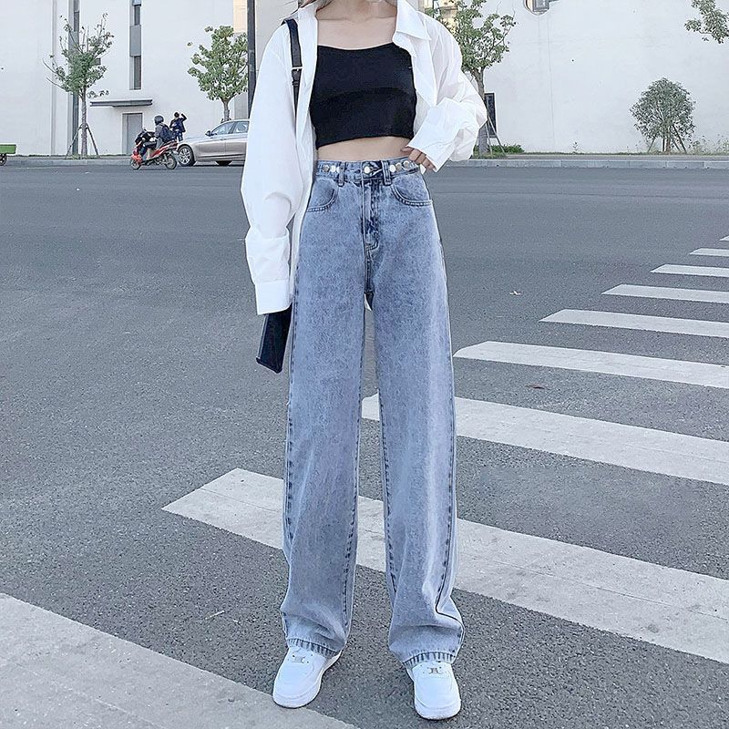 Light Blue Womens Straight-leg Loose-fitting Jeans