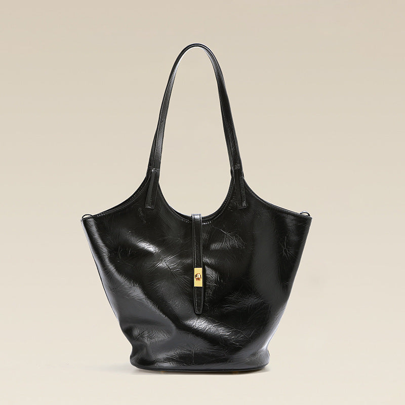 Niche Premium Black Large Capacity Leather One-shoulder Bucket Bag