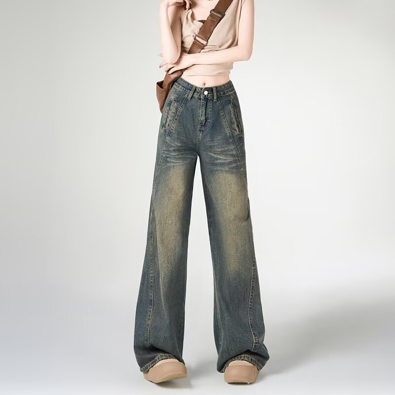 Womens American-style High-street Design Wide-leg Denim Jeans