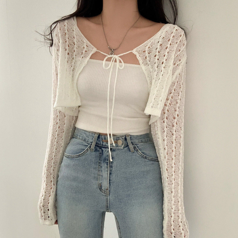 Round Neck Tied Bowknot Hollow Loose Long Sleeve Sun Protection Sweater