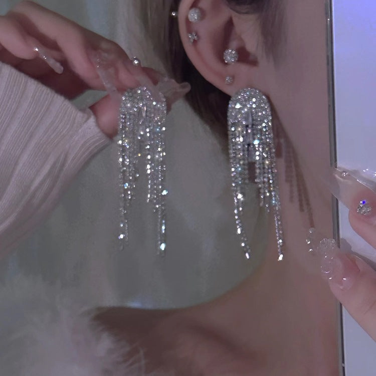 Sterling Silver Needle Light Luxury Tassel Earrings Banquet Style High-grade Long Earrings